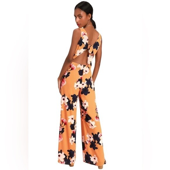 Lulus Heart Abloom Orange Floral Print Tie-Back Wide-Leg Sleeveless Jumpsuit XS - Picture 2 of 12